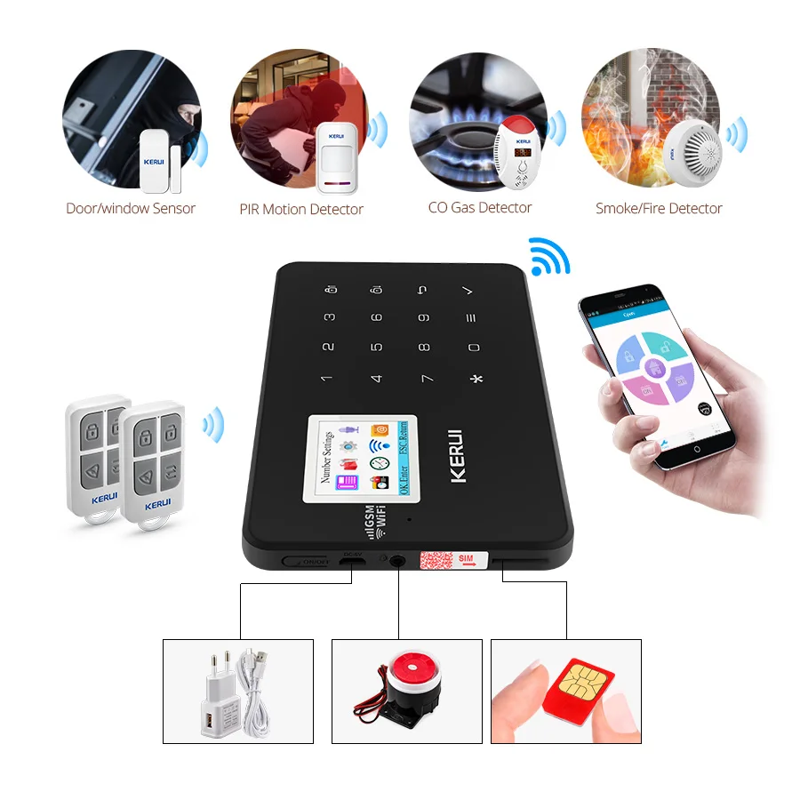 KERUI W18 Home Security WIFI GSM Burglar Alarm System APP Control Arm PIR CO Gas Door Sensor 720P WiFi IP Camera Alarm System