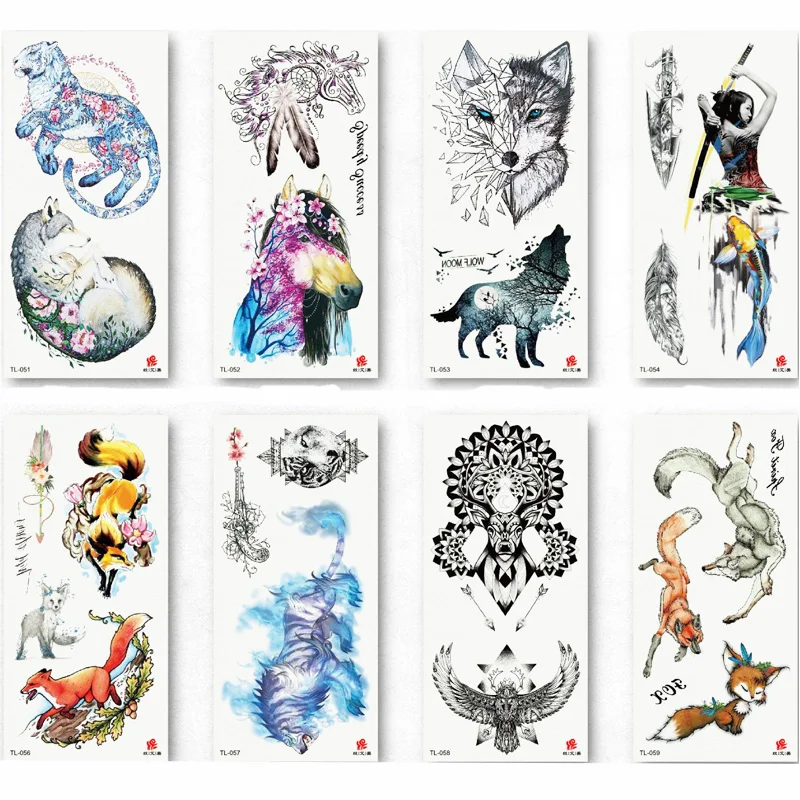 1 ورقة الجمال صائق للماء الوشم ملصق لطيف الملونة زهرة الذئب نمط النساء فتاة الجسم الفن المؤقتة الوشم القابل للإزالة