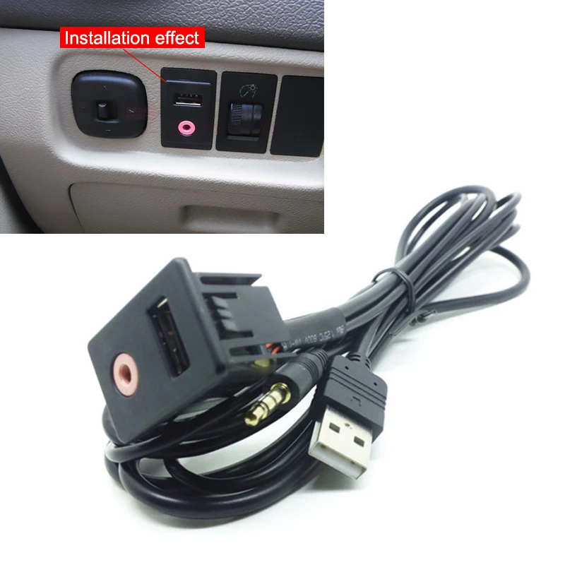 New Car Dash Flush Mount USB Port 3.5mm AUX USB Extension Cable Lead Mounting Panel Headphone