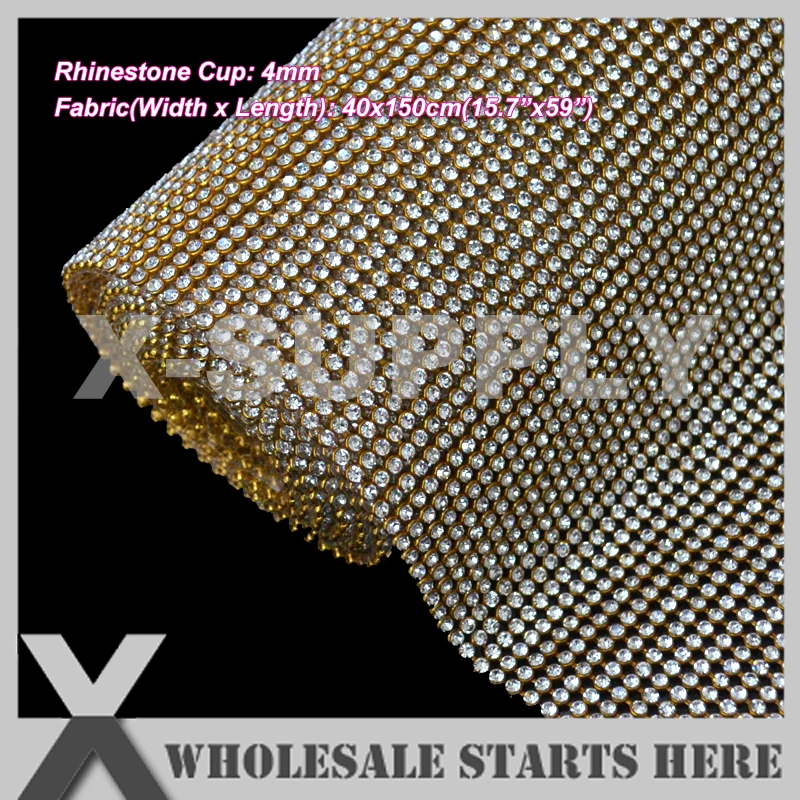 

P2 4mm(40x150cm) Iron On Hot-Fix Crystal Rhinestone Sheet With Iron On Glue in GOLD Base,Use For Bridal Evening Dress,