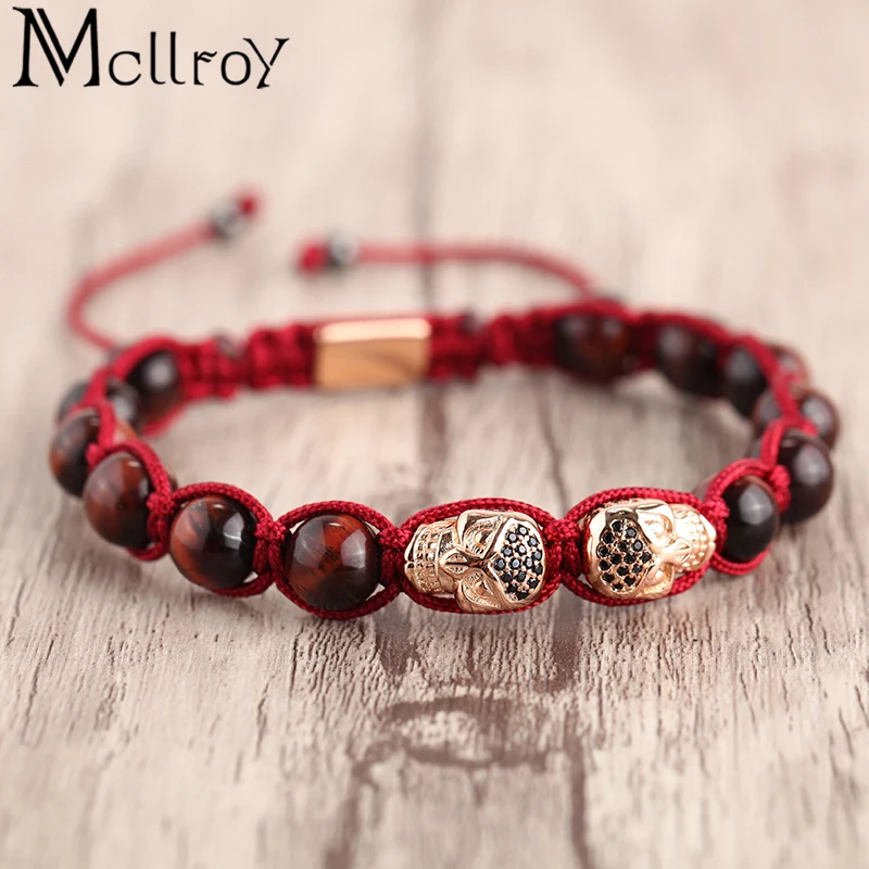 

Mcllory skull bracelet men 8mm natural stone tiger eye stone beads red rope lace-up braided couple bracelet homme pulsera hombre