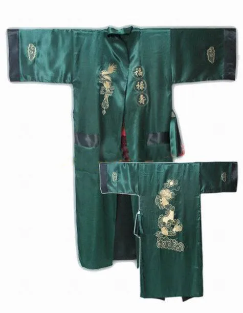 Бордовый черный двусторонний Китайский Мужской Атласный шелковый халат с вышивкой кимоно банное платье Дракон один размер S3003 - Цвет: green black