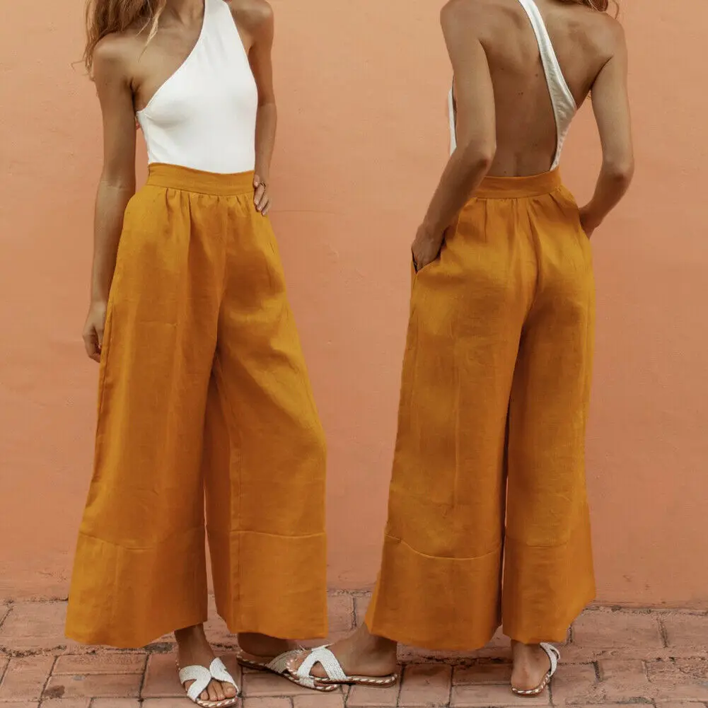 Женские льняные брюки, широкие повседневные Летние праздничные брюки, эластичные брюки на талии, свободные комфортные брюки - Цвет: Цвет: желтый