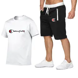 2019 Мужская футболка для бега + шорты американский Чемпион Классическая Повседневная футболка воротник с коротким рукавом Хлопок футболка +