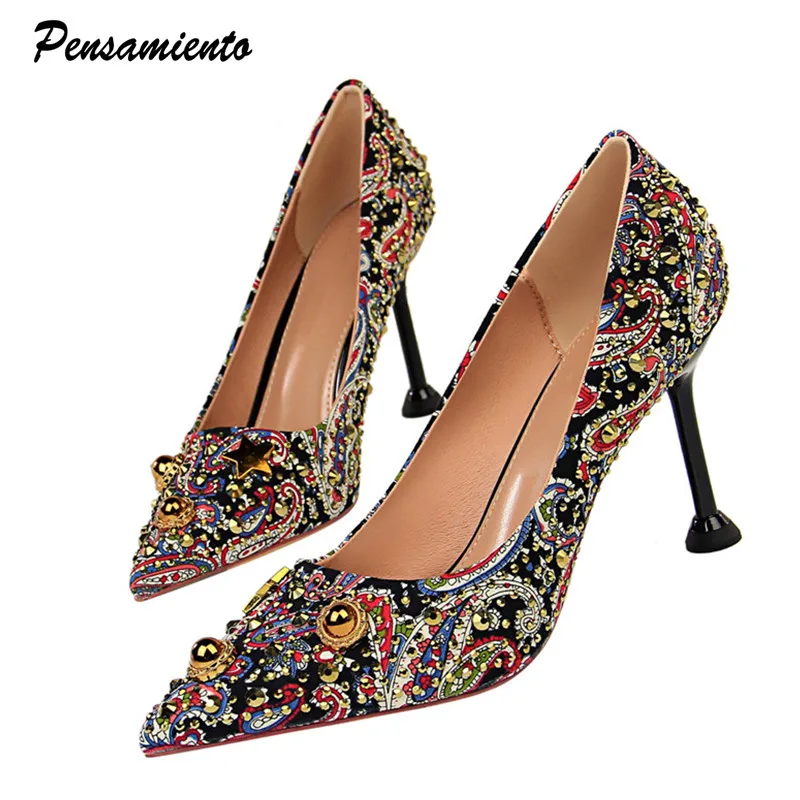 

2019 Brand Vintage Women Pumps Fashion Flowers Printed high heels Female shoes Spring Summer Crystal Rivet Party shoes woman