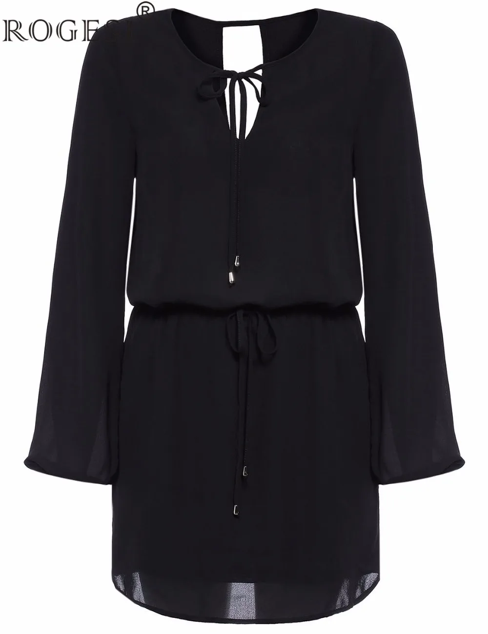 Rogesi 2016 New Ladies Women's Long Sleeve V Neck Chiffon Nice Dress