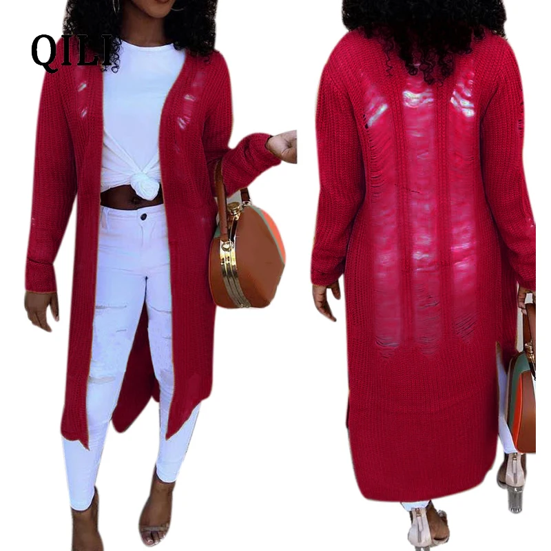 QILI Spring Women Cardigan Knitted Long Sleeve Hollow Out Hole Women Tops Fashion Longline Sweater Cardigan Long Style XXL