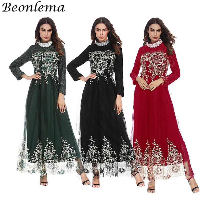 Beonlema мусульманское платье Для женщин Вышивка арабский Сетчатое халат Marocaine