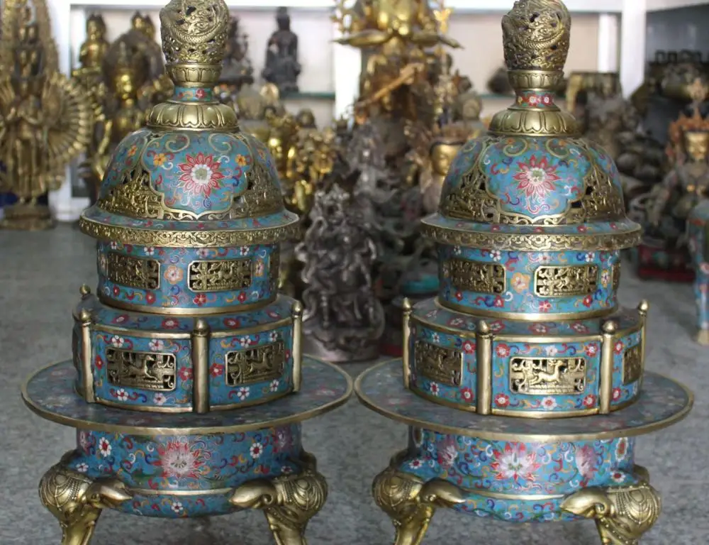 

free shipping 26"Tibet Cloisonne Enamel Bronze Gilt Dragon Elephant incense burner Censer Pair
