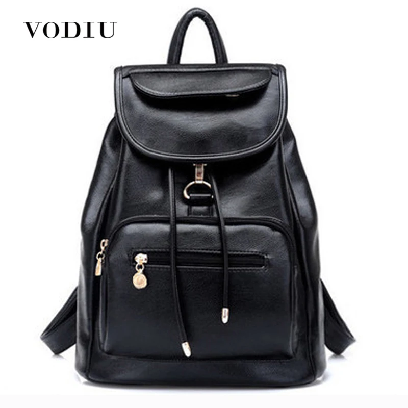 

Vintage solid black PU leather belt hook drawstring bag zipper flap pocket school backpack teen girls large mochila female women
