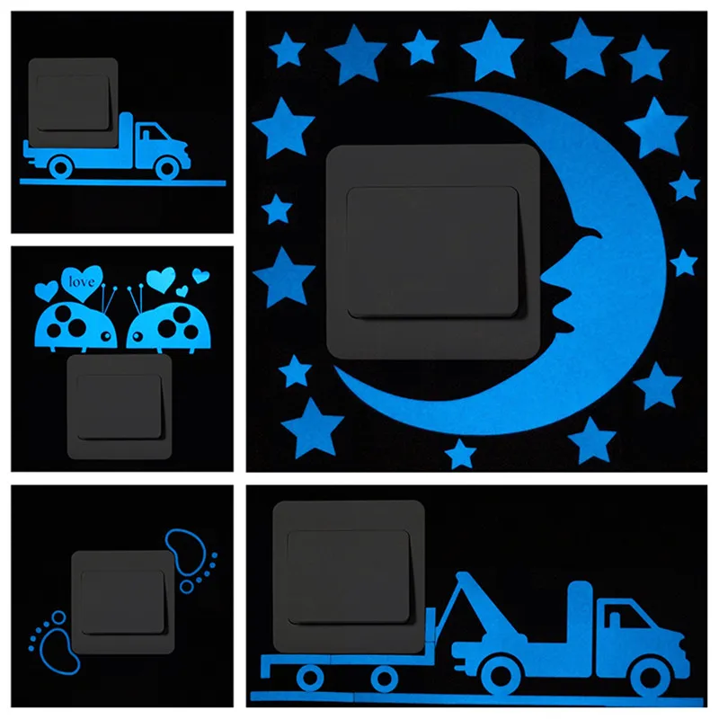 

Luminous Cartoon Switch Sticker Glow in the Dark Cat Sticker Fluorescent Fairy Moon Stars Sticker Kid Room Decoration Home Decor