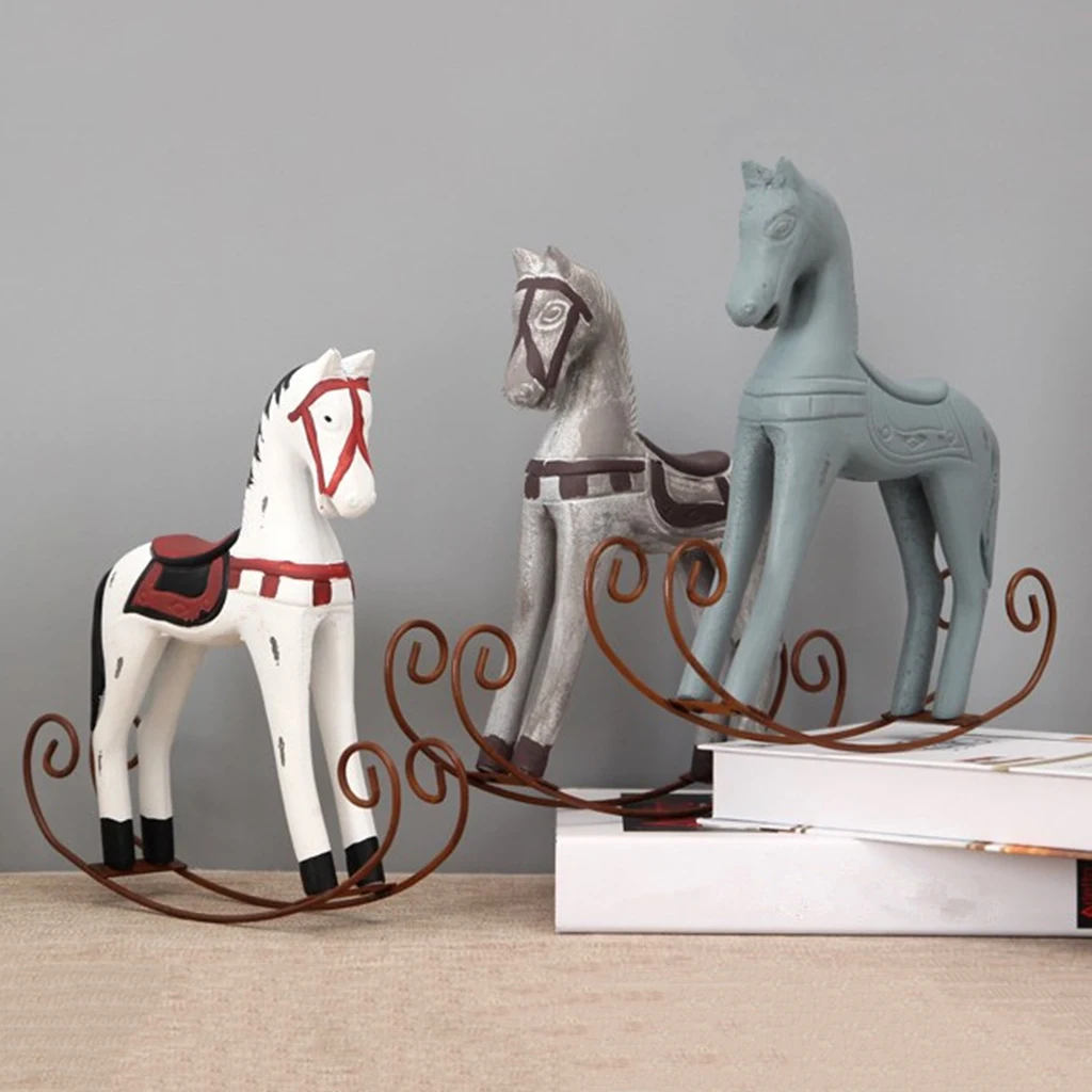 Nordic Wooden Rocking Horse Statue Wedding Decor Wood Horse Crafts DIY Bar Living Room Ornament Kids Toys