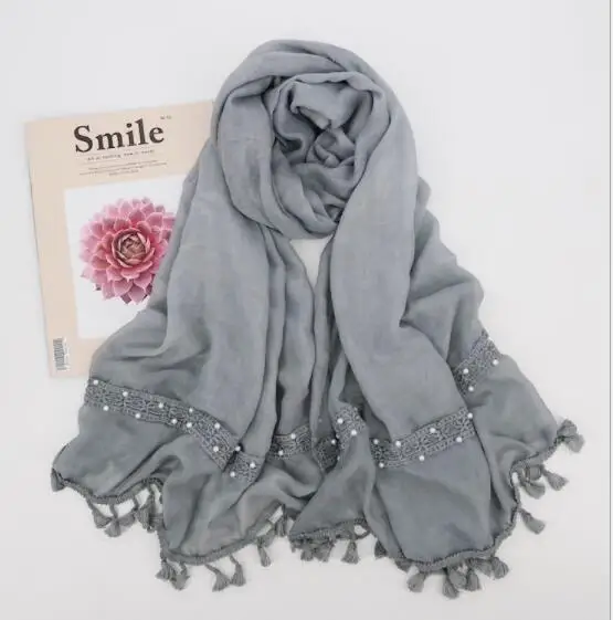 

R8 High quality Big lace hijab scarf shawl tassel pearl women scarf/scarves wrap headband 10pcs/lot can choose colors