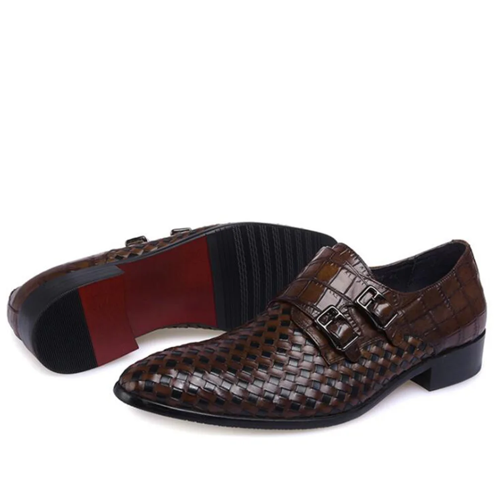 Sipriks/мужские темно-коричневые туфли из натуральной коровьей кожи с двумя ремешками; модные плетеные кожаные туфли; черные тканые Мужские модельные туфли