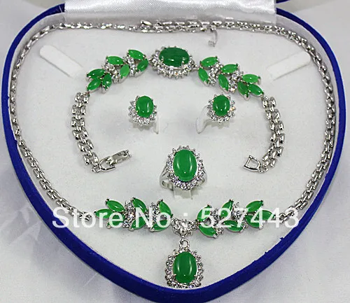 

hot sell new - Wholesale Fashion Silver Green Jade Necklace Bracelet Earring Ring Sets (A0511)