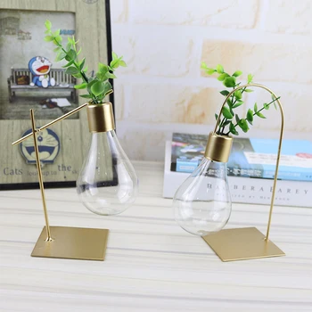 

Gold color Metal Table Lamp Shape Hydroponics Plants Vase Creative Home Decor Ornaments Plants Vase Tabletop Plant Bonsai Decor
