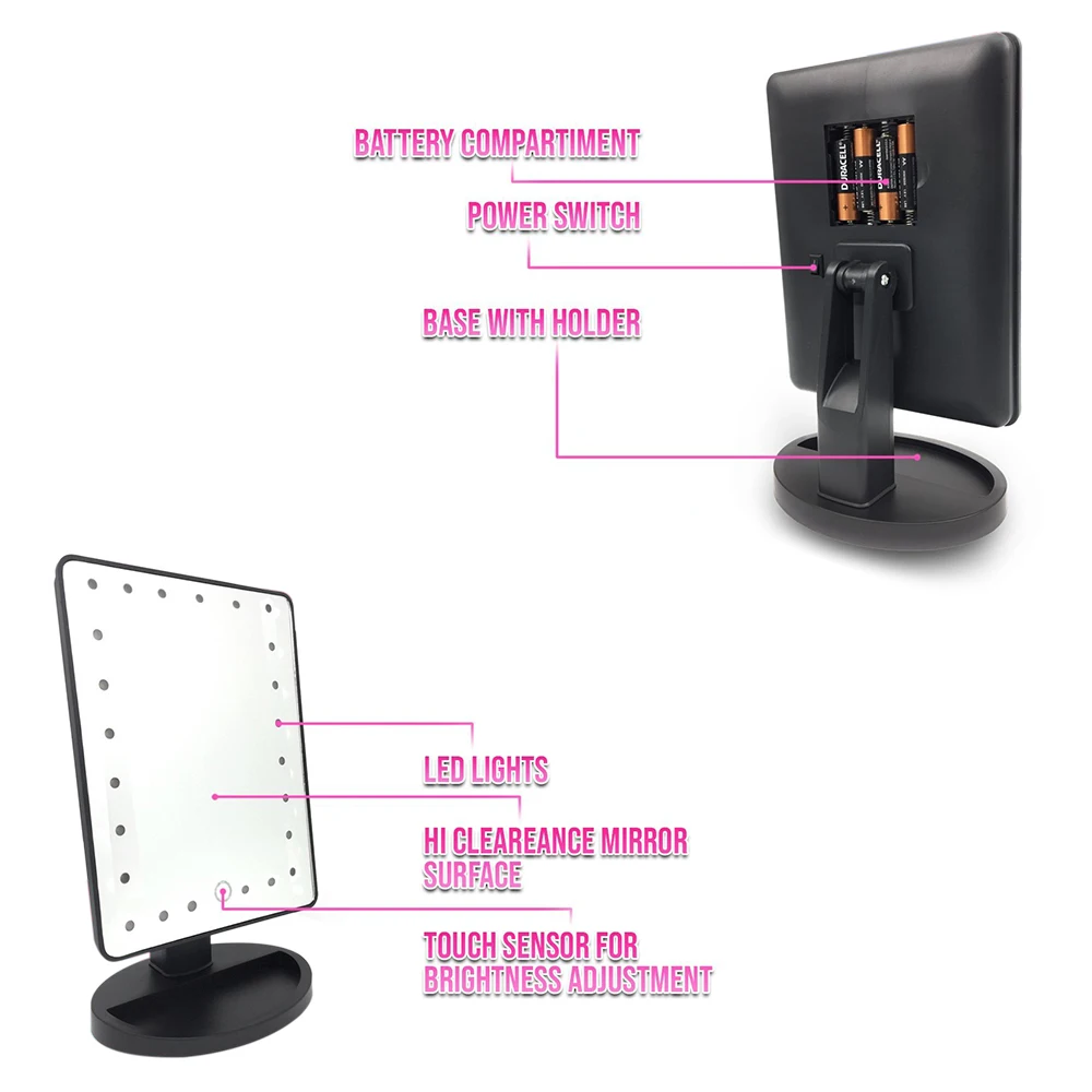 Adjustable 24 LEDs Lighted Makeup Mirror Touch Screen Portable Dimmable Vanity Mirror Tabletop Lamp Cosmetic Make Up Tool