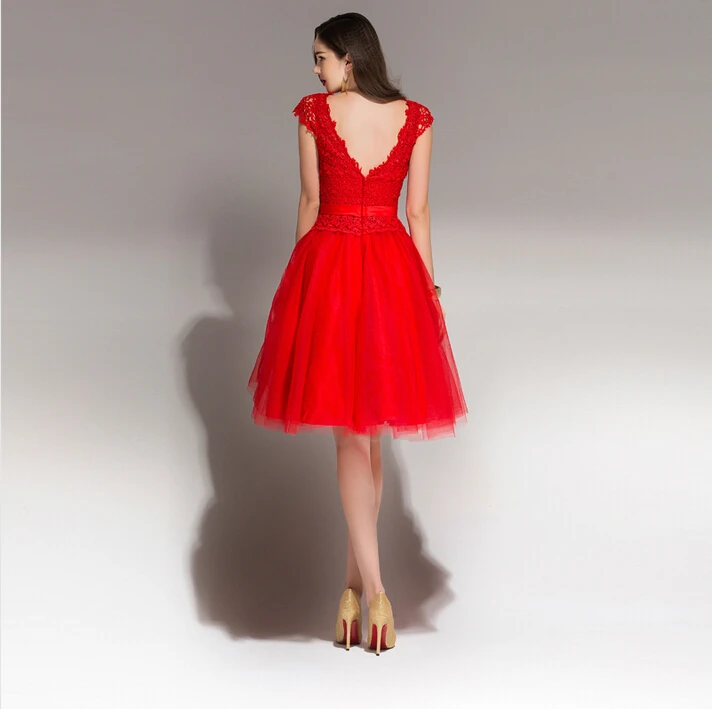 2016 New Style Short Evening Dresses with Cap Sleeve Sashes Elegant Bride Gown Glamorous V-Back Red Ball Prom Party Formal Dress
