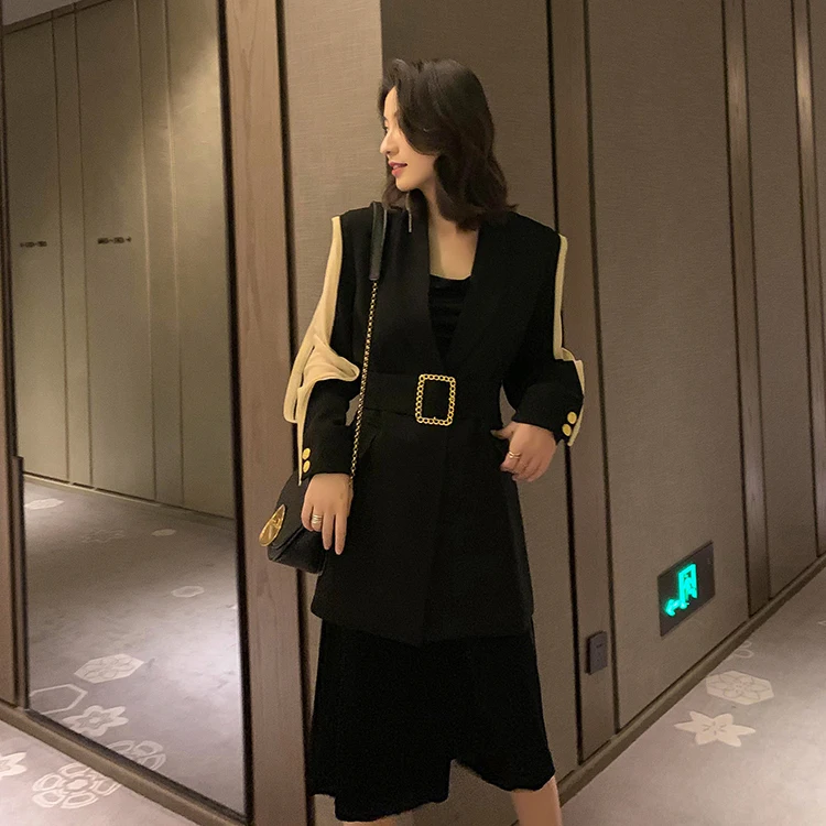 Runway Designer Trendy Chic Womens Blazer Belted Black Patchwork Metal Gold Button Fashion OL Ladies Jacket Coat Outwear