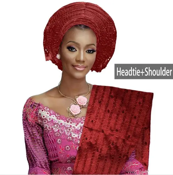 Wine color ASO OKE Авто геле головные уборы для женщин африканские вечерние головные уборы бисером геле с плечом различных цветов W746 - Цвет: Wine color