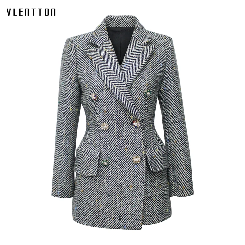 

New Vintage Women's Wool Jacket Double Breasted Long Sleeve Striped Diamonds Outwear Tops Spring autumn Office Long blazer Women