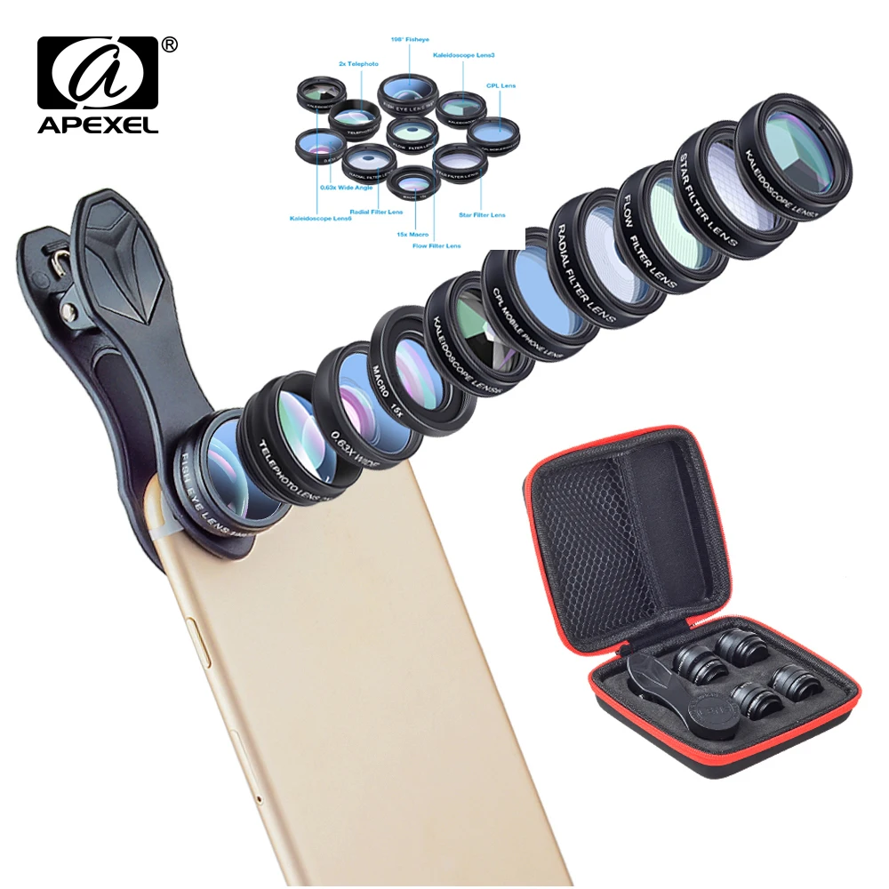 

APEXEL Phone Camera Lens Kit 10 in 1 Fisheye Wide Angle Macro Lens CPL Filter Kaleidoscope+2X telescope Lens For All Smartphone