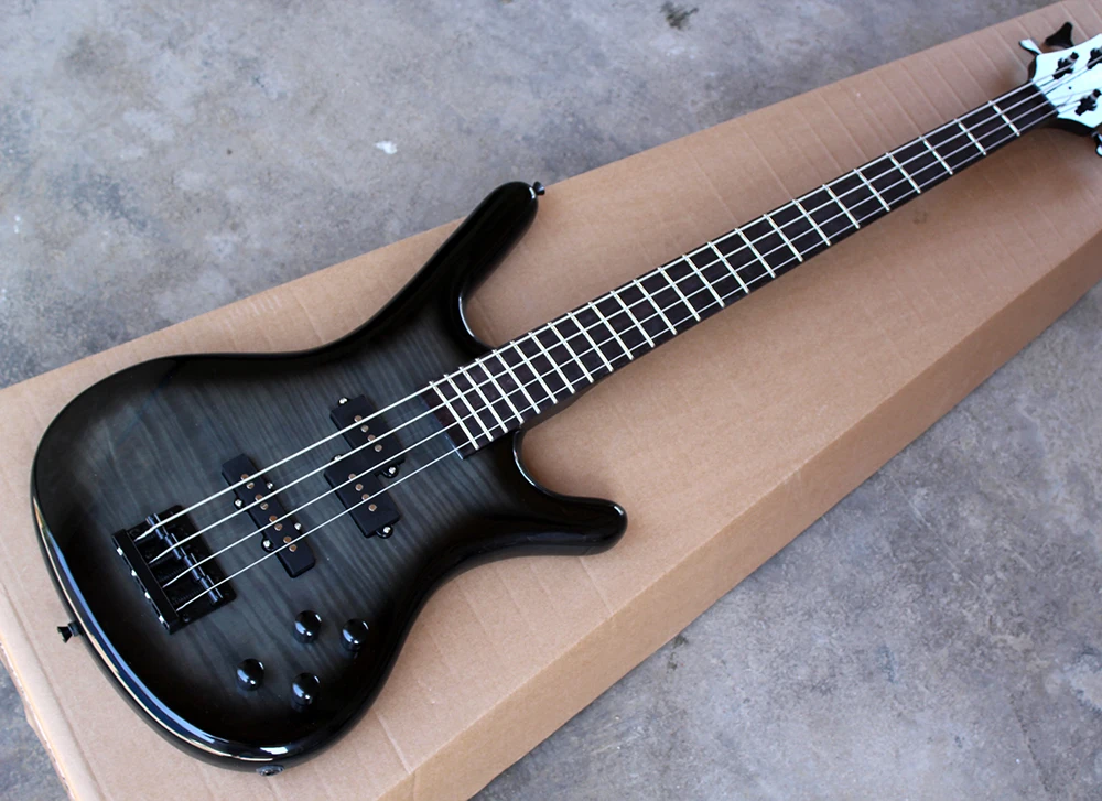 

Wholesale 4 Strings Electric Bass Guitar with Rosewood Fretboard,Flame Maple Veneer,Black Hardwares,offering customized services