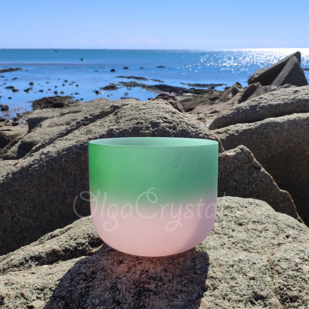 

432HZ 8 Inch F Heart Green Light Pink Chakra Quartz Crystal Singing Bowl Sound Healing Stone