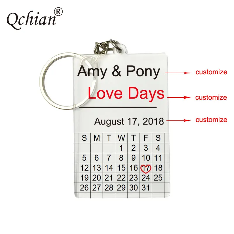 

Personalized Calendar Key Chain Custom Engraved Heart Date Name Stainless Steel Key Ring Gifts for Anniversary Birthday Acrylic