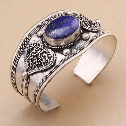 

Wholesale price 16new ^^^^Unisex Gift Vintage Lapis Lazuli Bead Cuff Bracelet Bangle Tibet Silver Heart