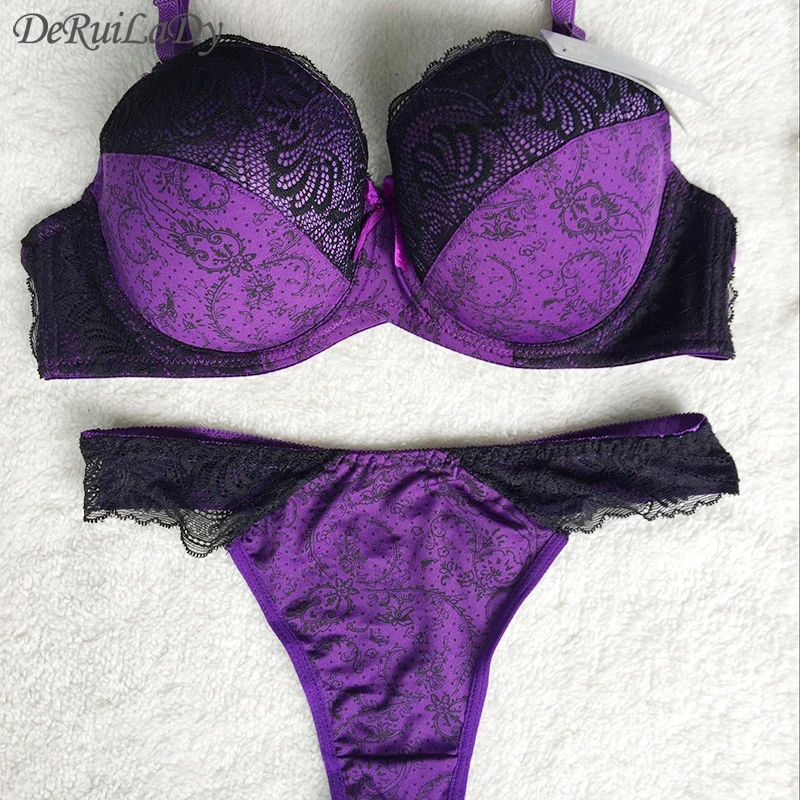 

DeRuiLaDy Women Sexy Plus Size Embroidered Lace Bra Sets Embroidered Thong Bra And Panty Set Size 34 36 38 40 Sexy Lingerie Set