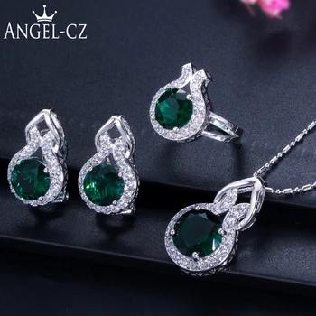 

ANGELCZ Brand Fashion Women Necklace Earrings Ring Classic Green Austrian Crystal Round Pendant Silver Color Jewelry Set AJ012