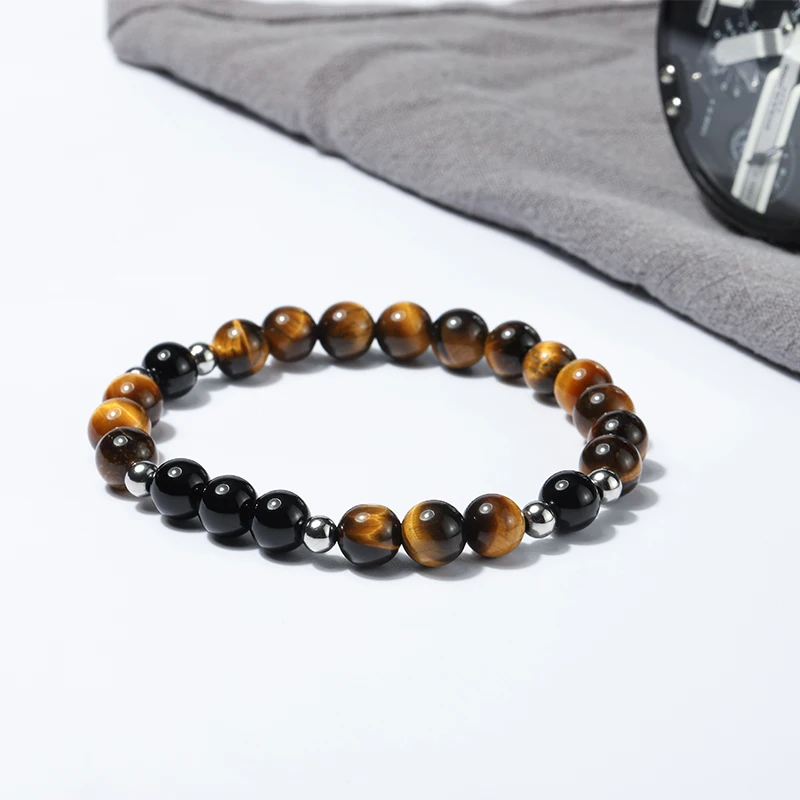 

Wholesale Fashion natural tiger eye stone and black onyx men Bracelets stainless steel beads bracelet 50pcs/lot+free shipping