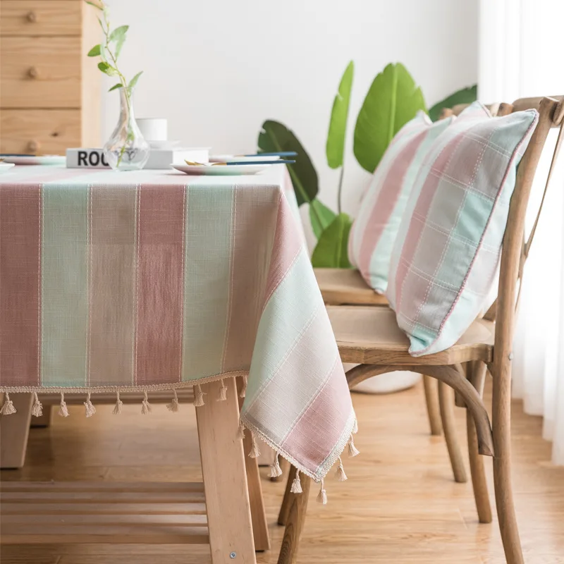

Fashion Waterproof Tablecloth Pink Blue Stitching Striped Table Cloth Washable Cotton Linen Christmas Rectangular Table Cover