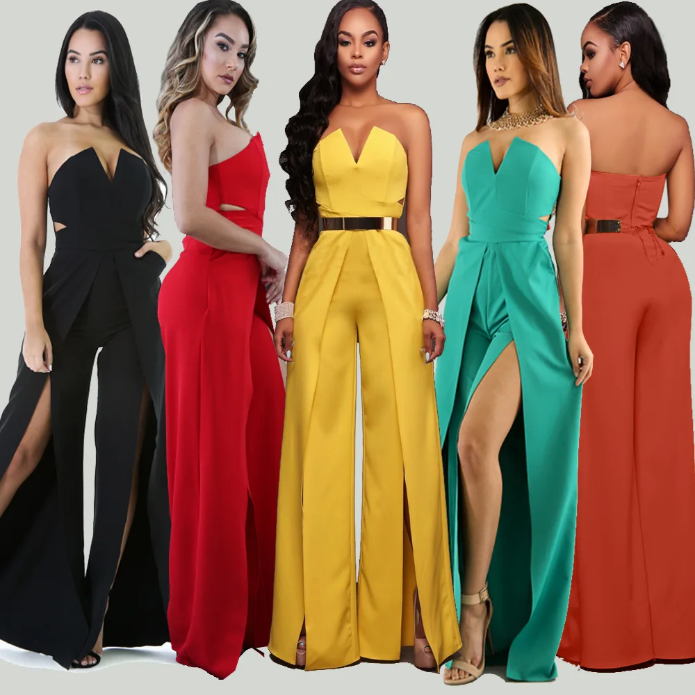 WLKE Off Shoulder Strapless Jumpsuit Elegant Lady High Waist Split Wide