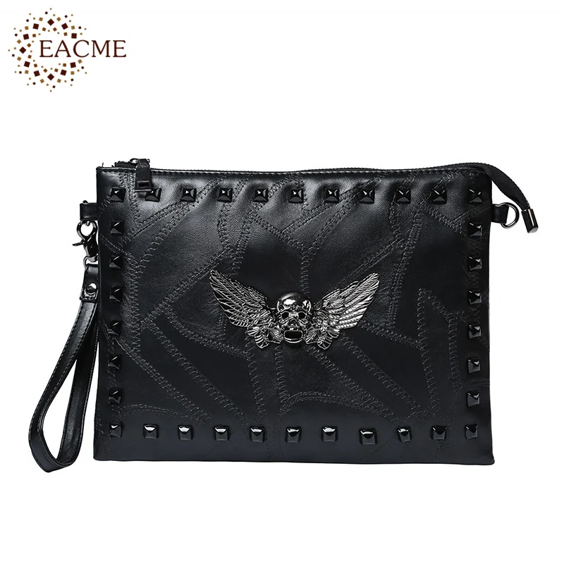 

EACME Fashion Punk Skulls Party Handbag Men Day Clutches Good PU Fashion Envelope Bag Women Wristlet Holding Bags Solid Black