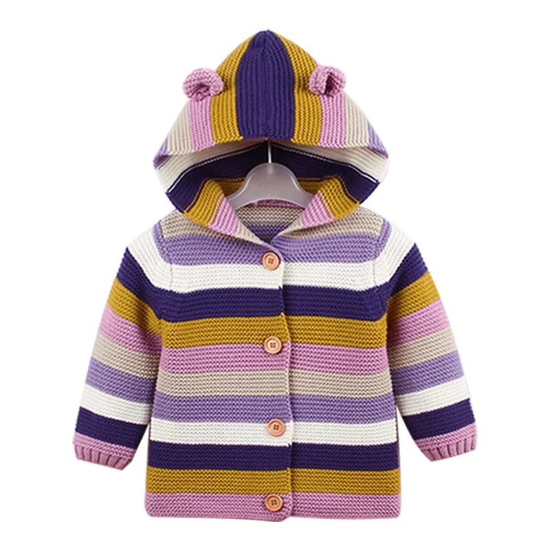 Fashion Baby Boy Girl Sweaters 3M-2T Cute Hooded Kids Colorful Striped Knitted Sweater Autumn Winter Cardigan Girls Clothes