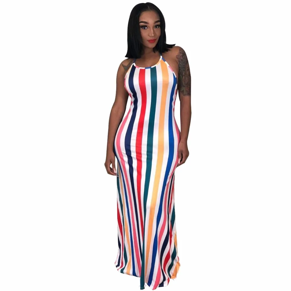 

2018 Summer Style Dresses Rainbow Stripe Print Strap Backless fashion Women Bandage bodycon Casual Sexy Long Maxi Dresses A8268