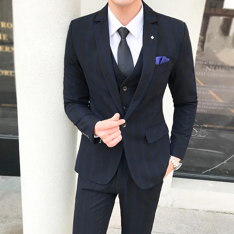 3 Pieces Men's Suit Korean Style Casual Striped Suit Men Clothes Dress Slim Fit Wedding Prom Formal Mens Suits with Pant Vest