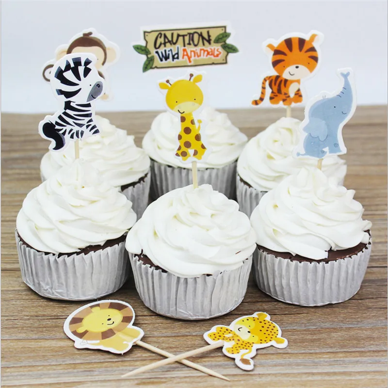 24pcs/pack Cute Jungle Animal Cupcake Toppers Picks Kids Baby Shower