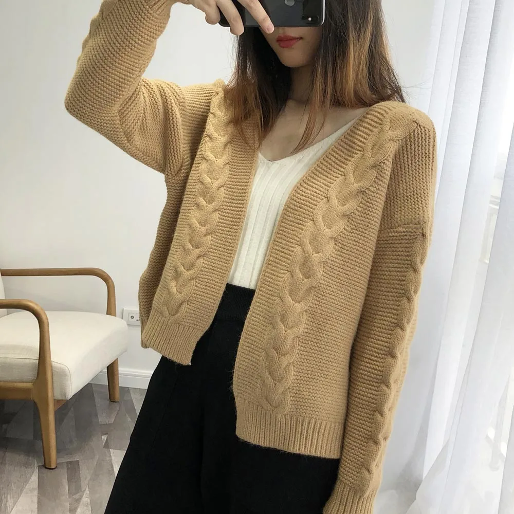 Cardigan Women 2018 Autumn Winter Cashmere Blending Twist Knitted Open Stitch V Neck Casual Elegent Short Outwear Coat Sweater