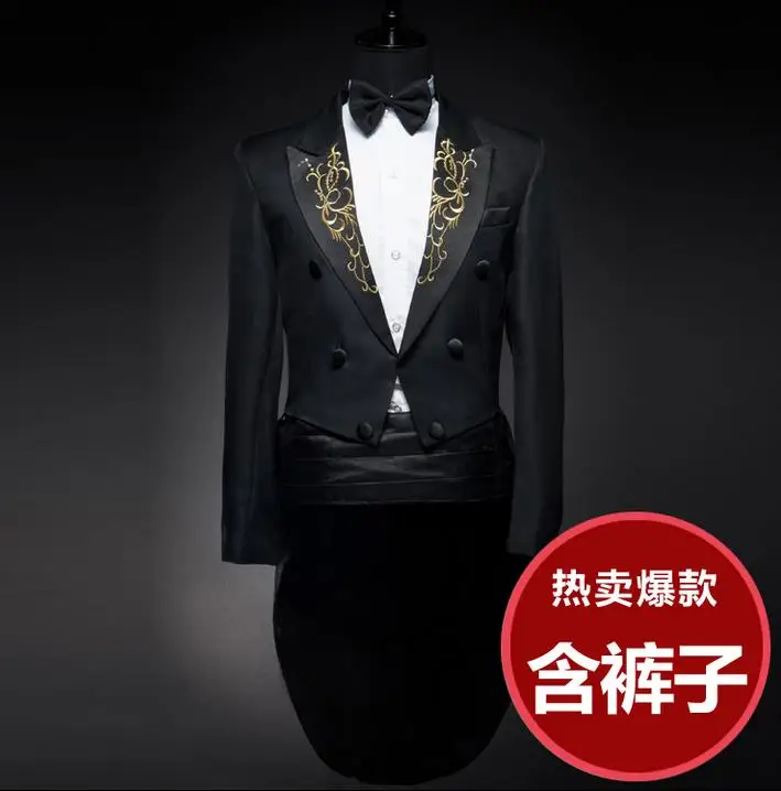 

2019 new arrival long tuxedo jacket slim men suit set pants mens suits dovetail evening stage formal dress suit + pant + tie
