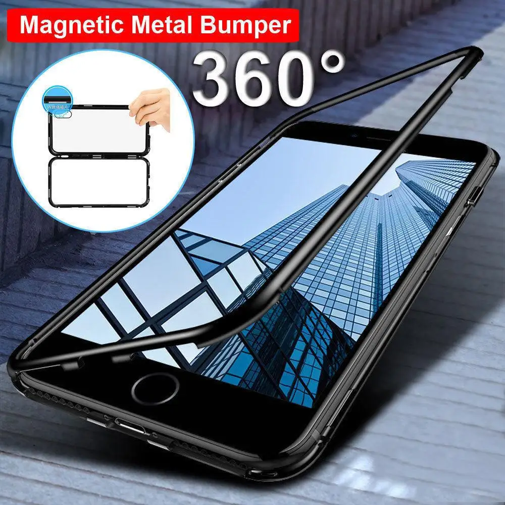 

Luxury Magnetic Adsorption Phone Case For iPhone X 8 7 6 Plus Metal Magnet Absorption Screen Protector Tempered Glass Flip Cover