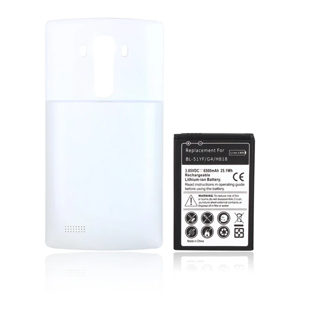 

Phone 6500mah Extended Replacement Battery for LG G4 H818 BL-51YF BL51YK Batteria Commercial Bateria + White back cover case