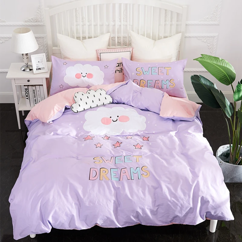 

Cartoon style 4pcs Twin Queen King Size bedding set cotton sweet dream Applique Embroidery duvet cover flat sheet pillowcase