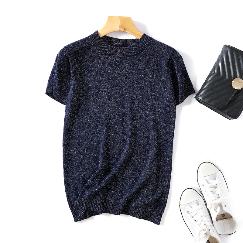 

Lurex Short Sleeve Women summer Glitter knit o-neck Basic T Shirt chic bling t-shirt solid shiny Tee Shirt Female pullover top