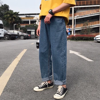 

New 2019 Ins Unisex Casual MenMen's Straight Color British Baggy Original Nine Cent Jeans Hip Hop Streetwear