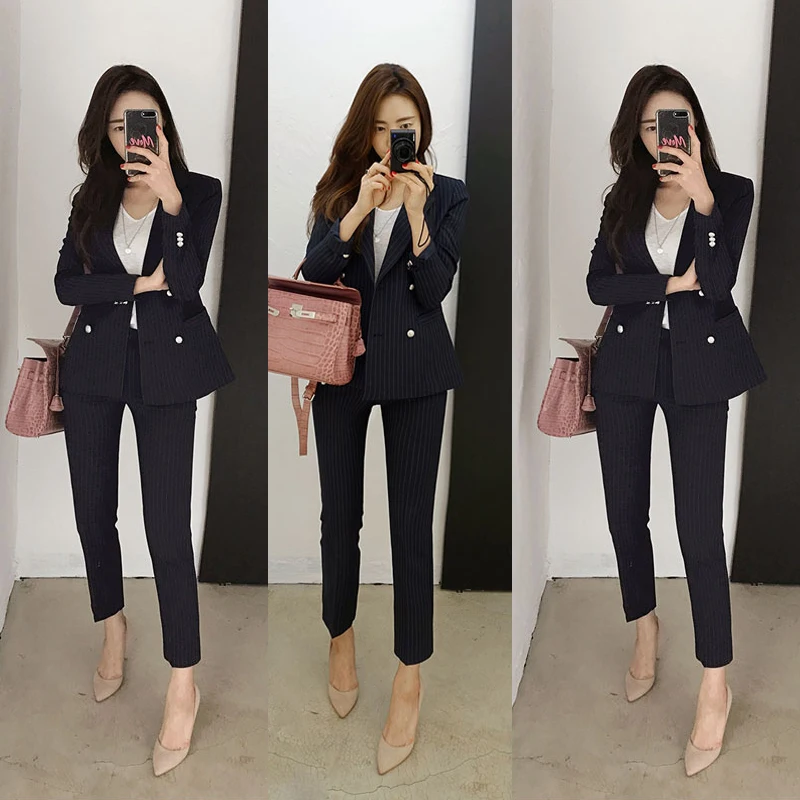 

New Korean striped suit suit temperament suit jacket nine feet pants two sets