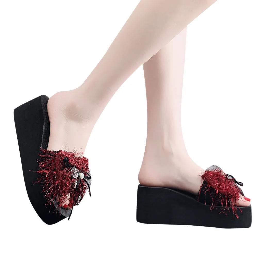 

platform slippers for women Wedge Pearl Slides Home Bathroom Beach Flip Flops Shoes Seaside Slippers #XTN