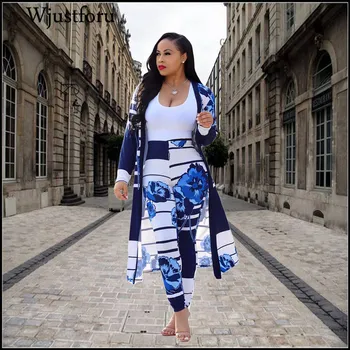 

Wjustforu 2 Piece Set Women 2018 Plus Size Cardigan Long Trench Top And Bodycon Pants Suit Casual Clothes Autumn Two Piece Outfi